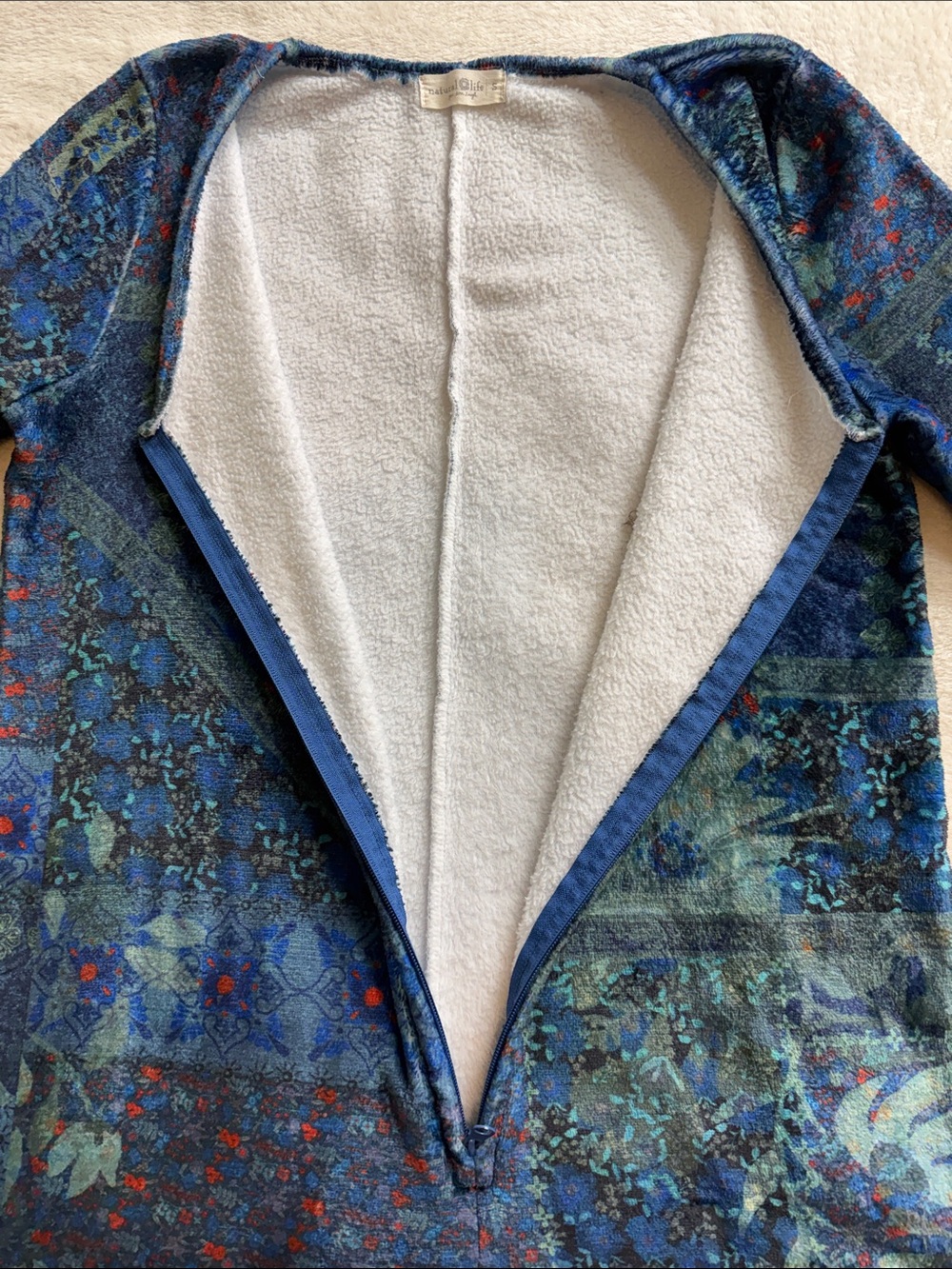 Natural Life Blue Patchwork Floral Fleece One Piece Pajama Jumpsuit Small - Picture 7 of 9